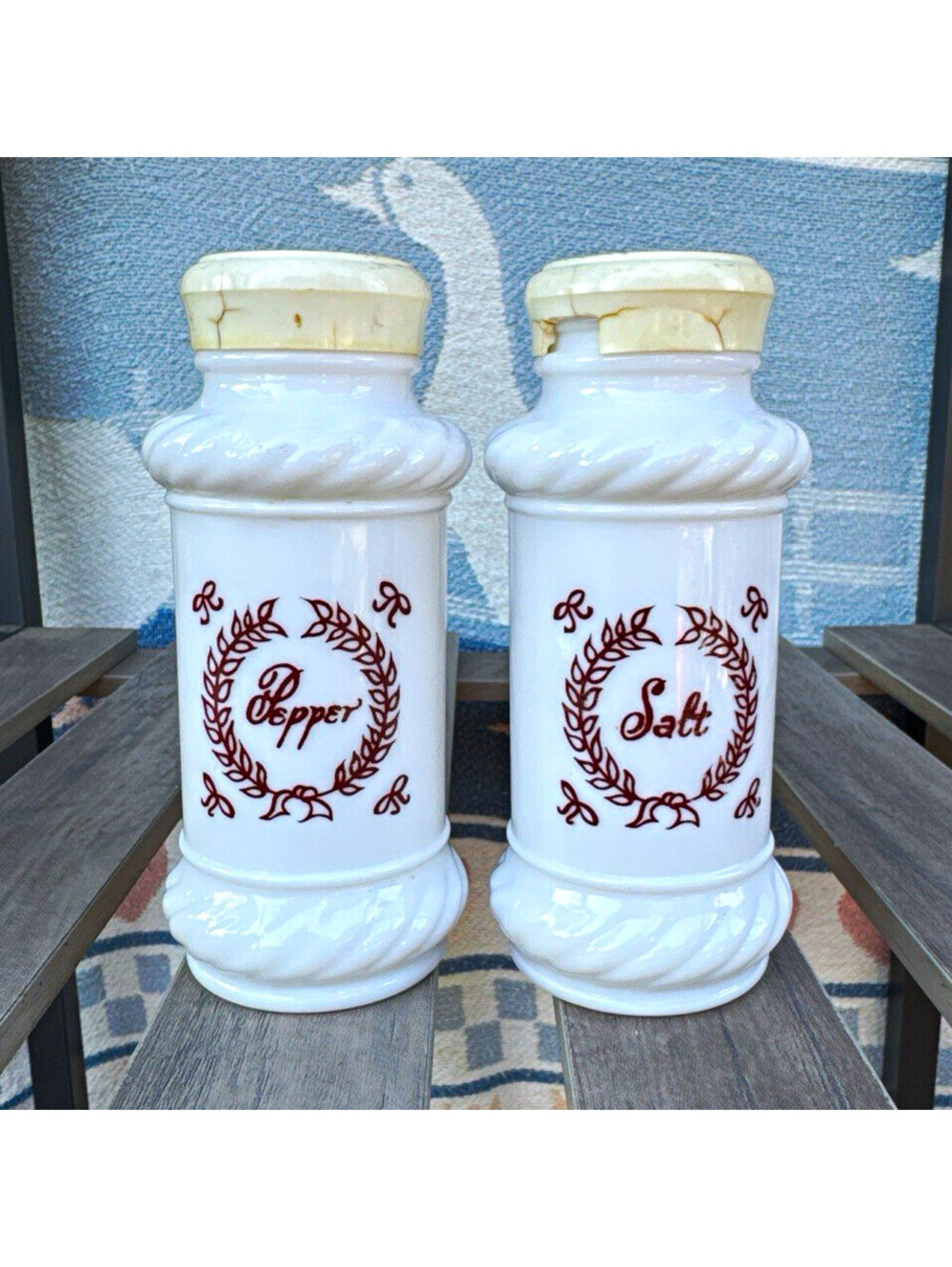 White Milk Glass Salt & Pepper Shakers Set of 2 w/ Lids Brown Laurel Wreath